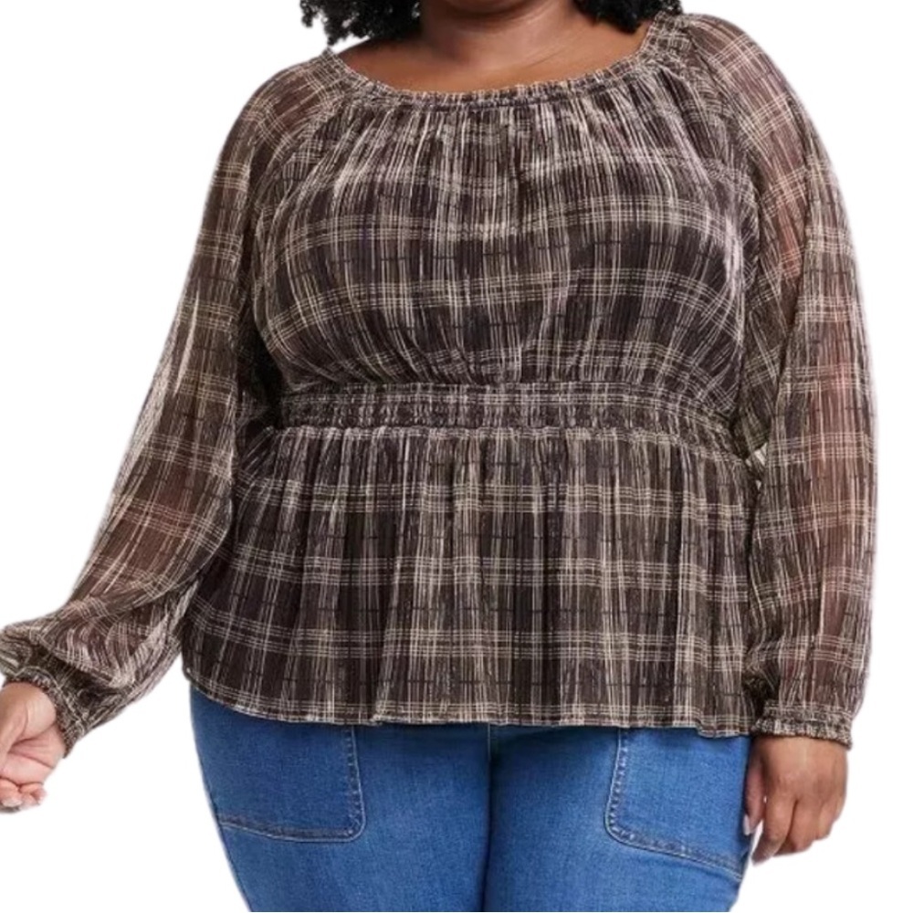 NWT Knox Rose Womens Long Sleeve Smocked Peplum Blouse Plaid Sheer Size‎ L
